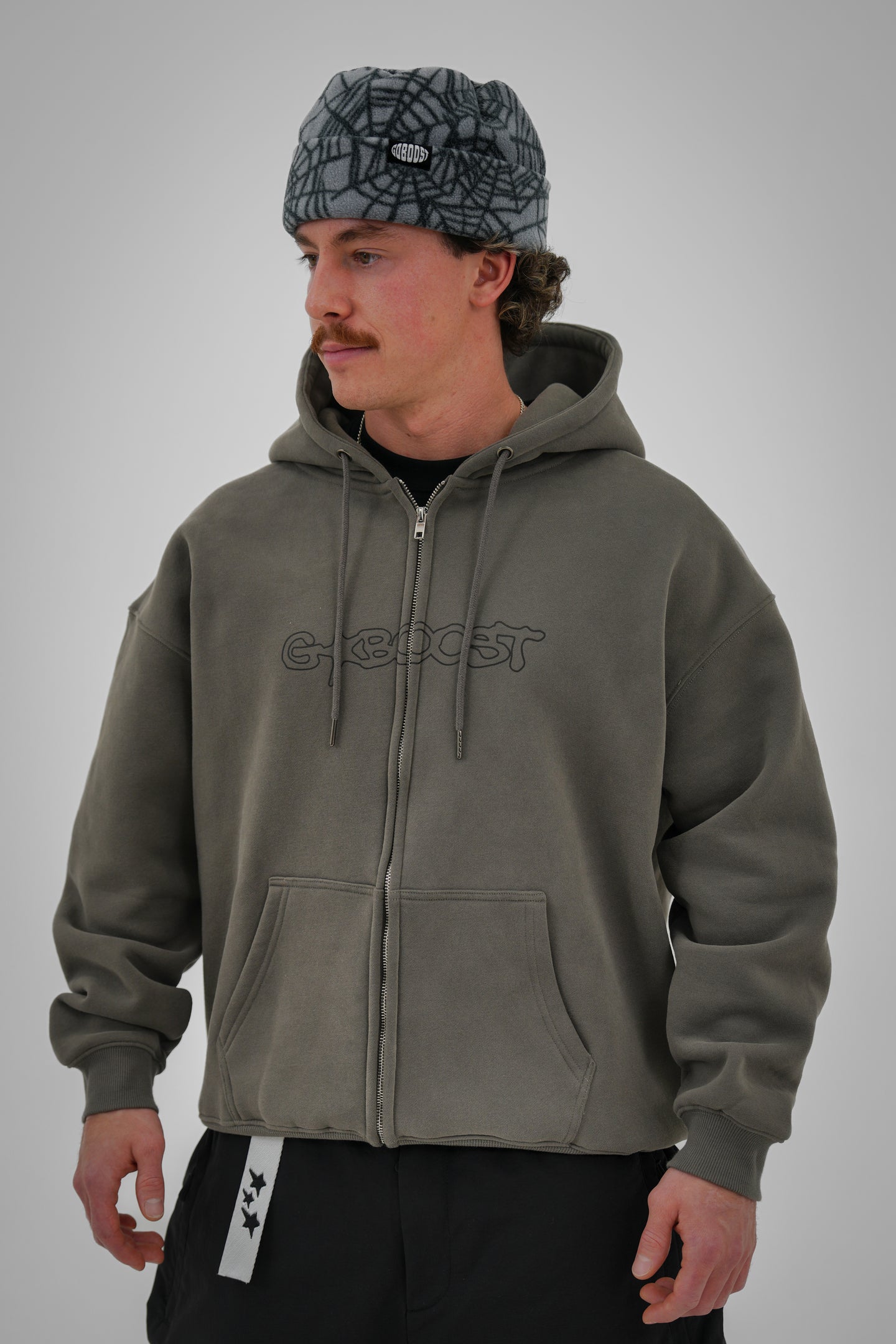 Bungee Cord Zip Hoodie - Olive Grey