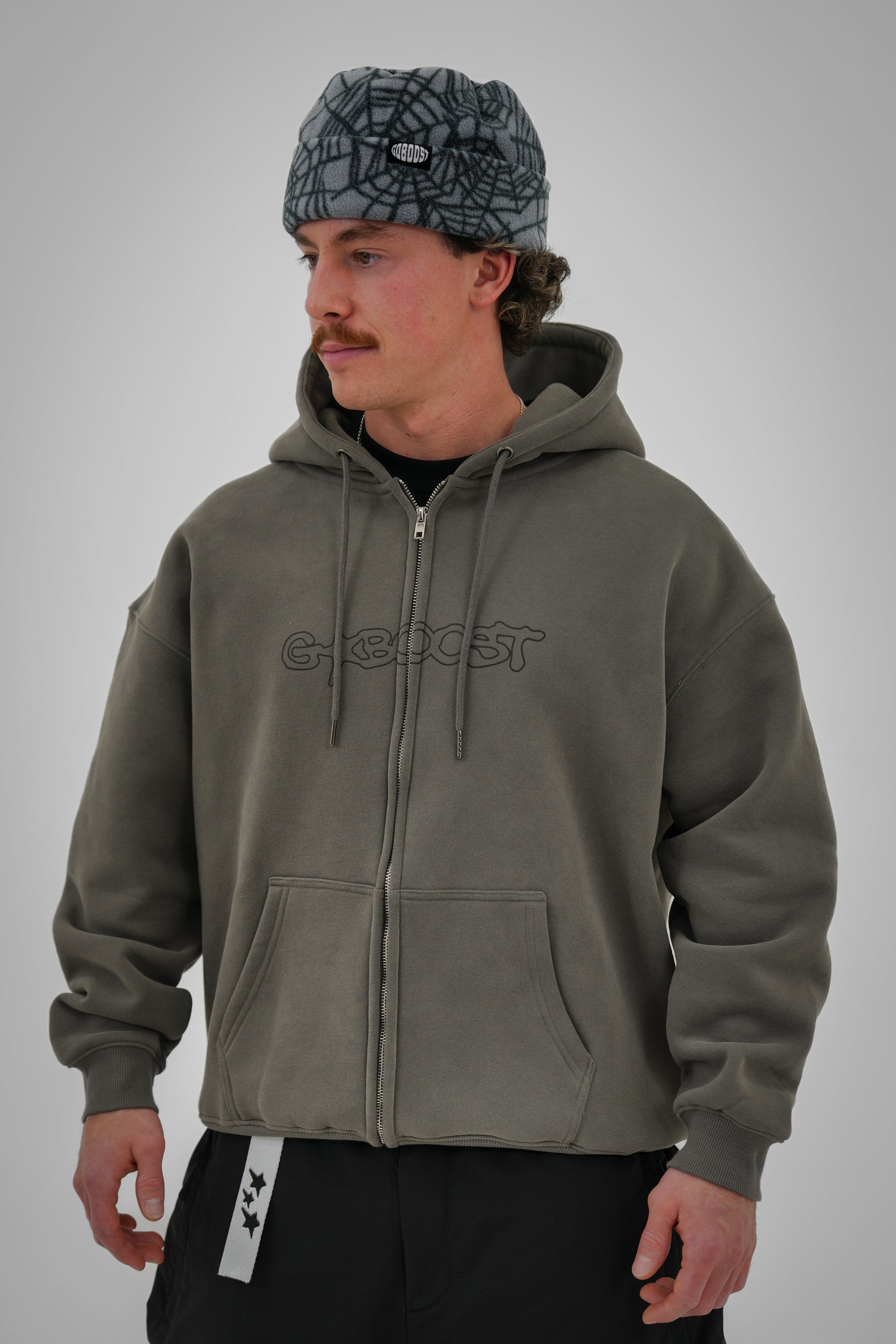 Bungee Cord Zip Hoodie - Olive Grey